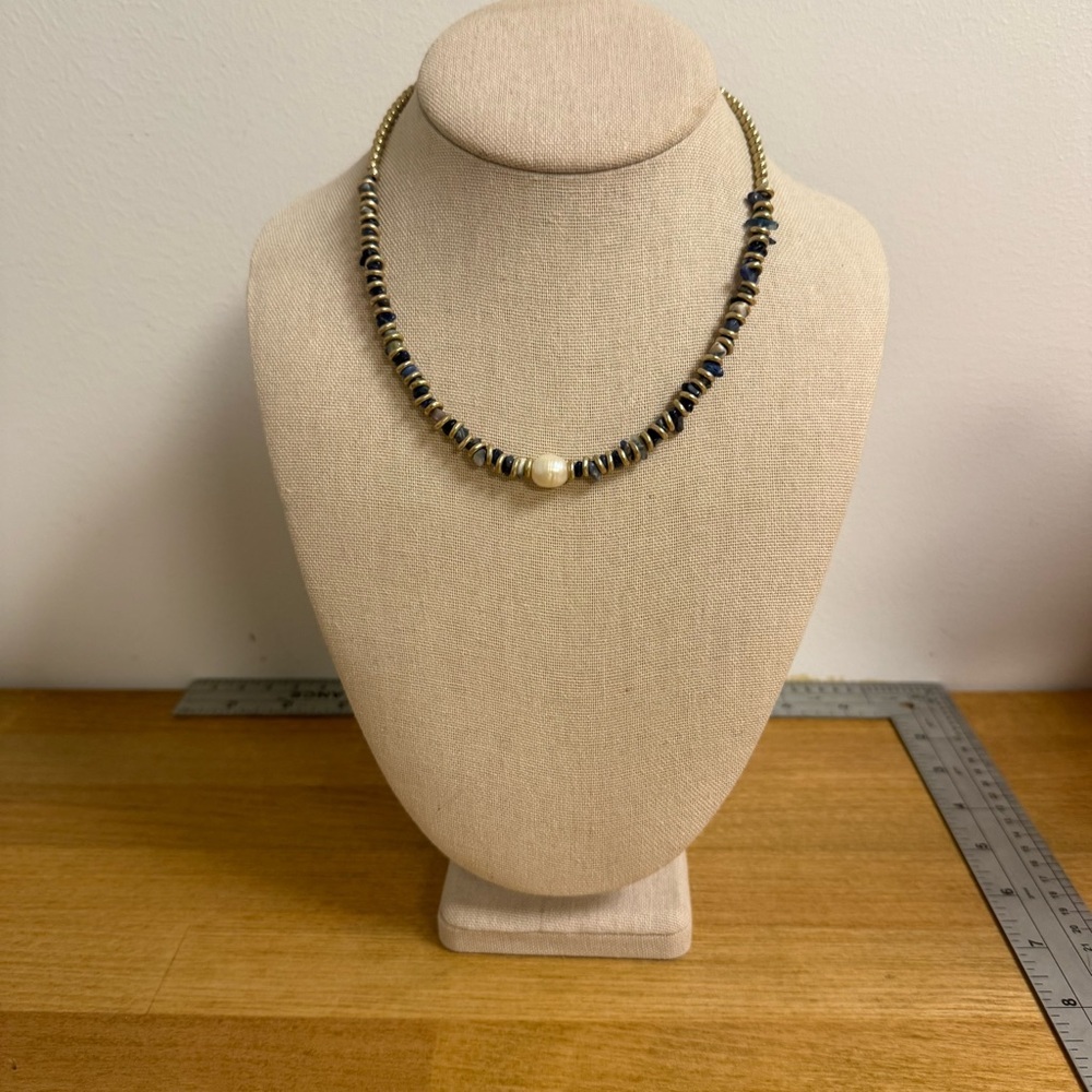 Canvas gold tone disc with blue rock beads and pearl accent